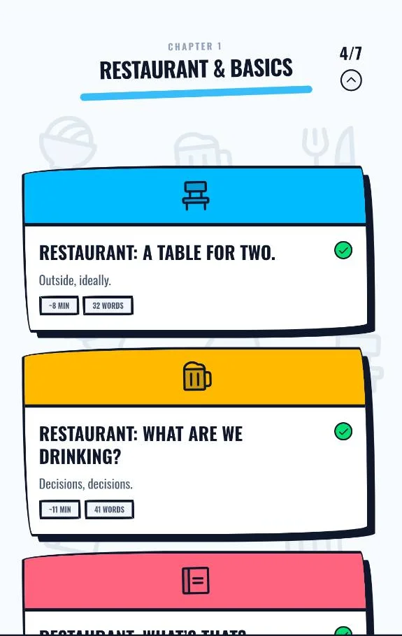 Echoa lesson home with colourful restaurant lesson cards and completed lesson marks.